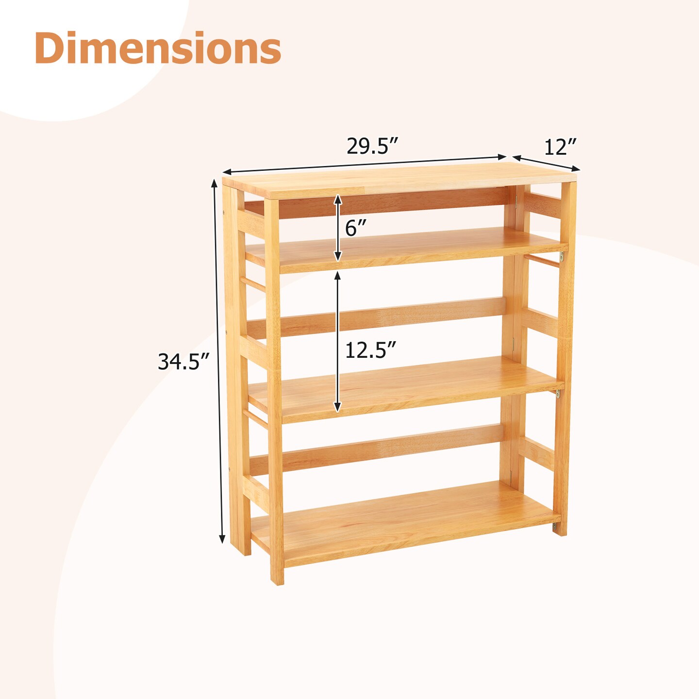 4-Tier Bookshelf Rubber Wood Bookcase with Side Fences for Living Room