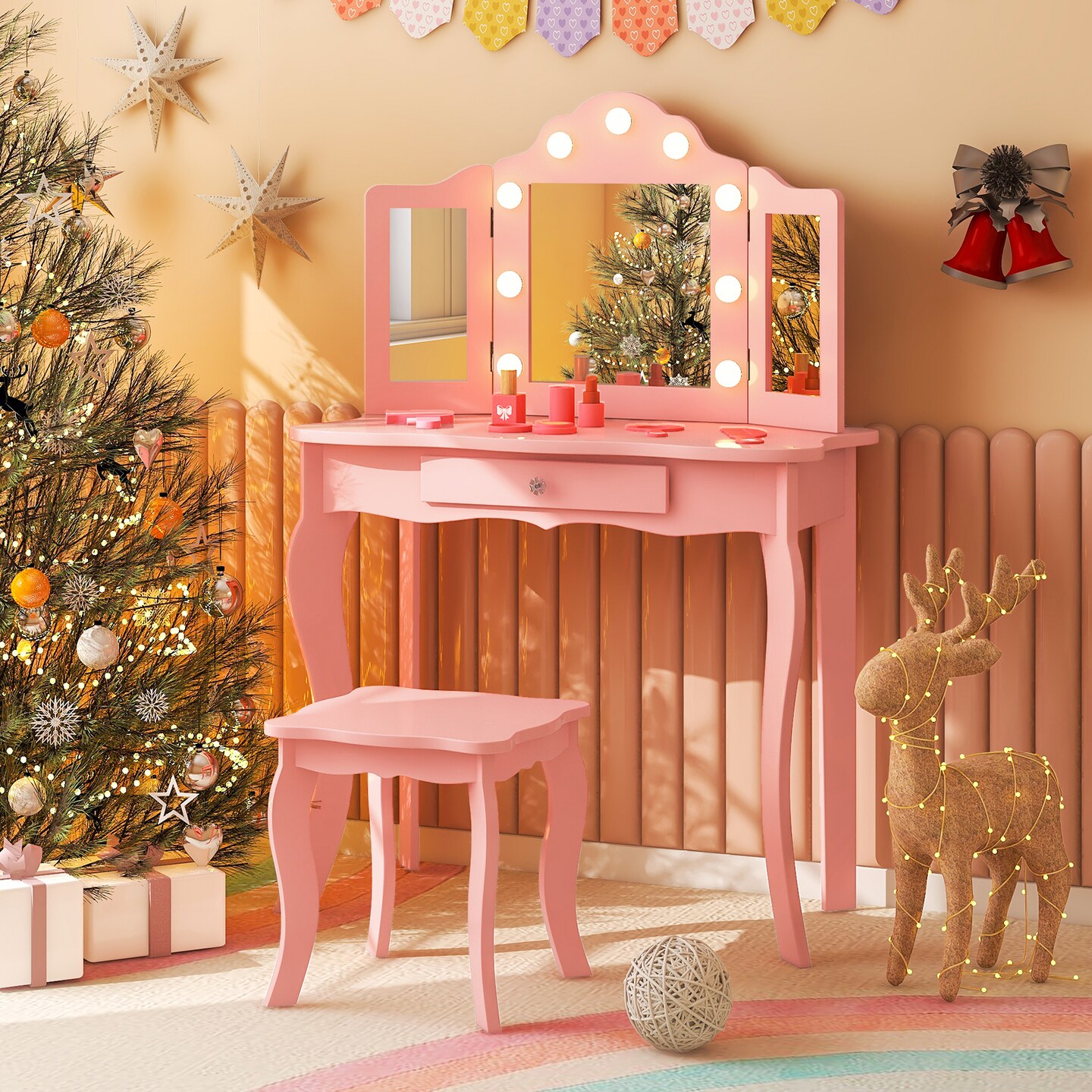 Kid Vanity Table Stool Set with Tri-Folding Mirror and 3-Color LED Lights