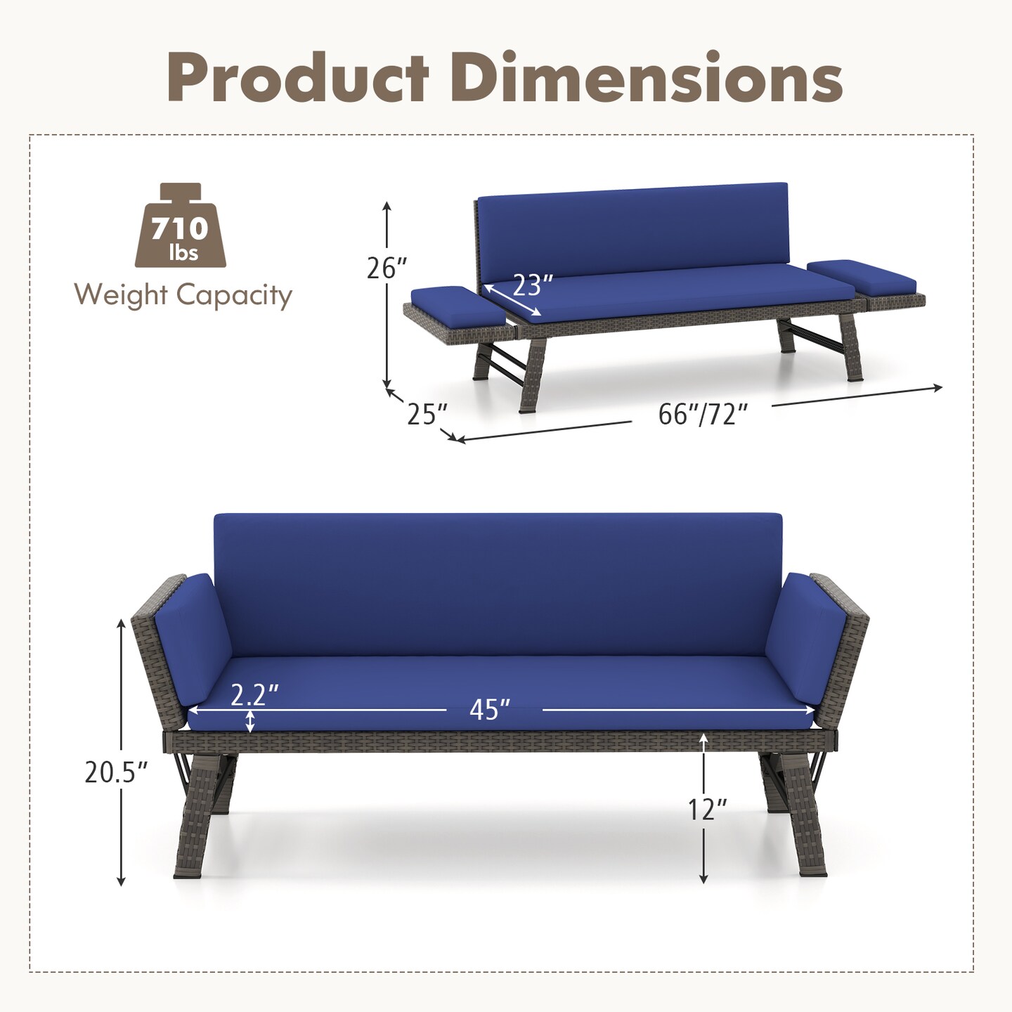 Outdoor Convertible Sofa Daybed with Adjustable Armrests for Balcony
