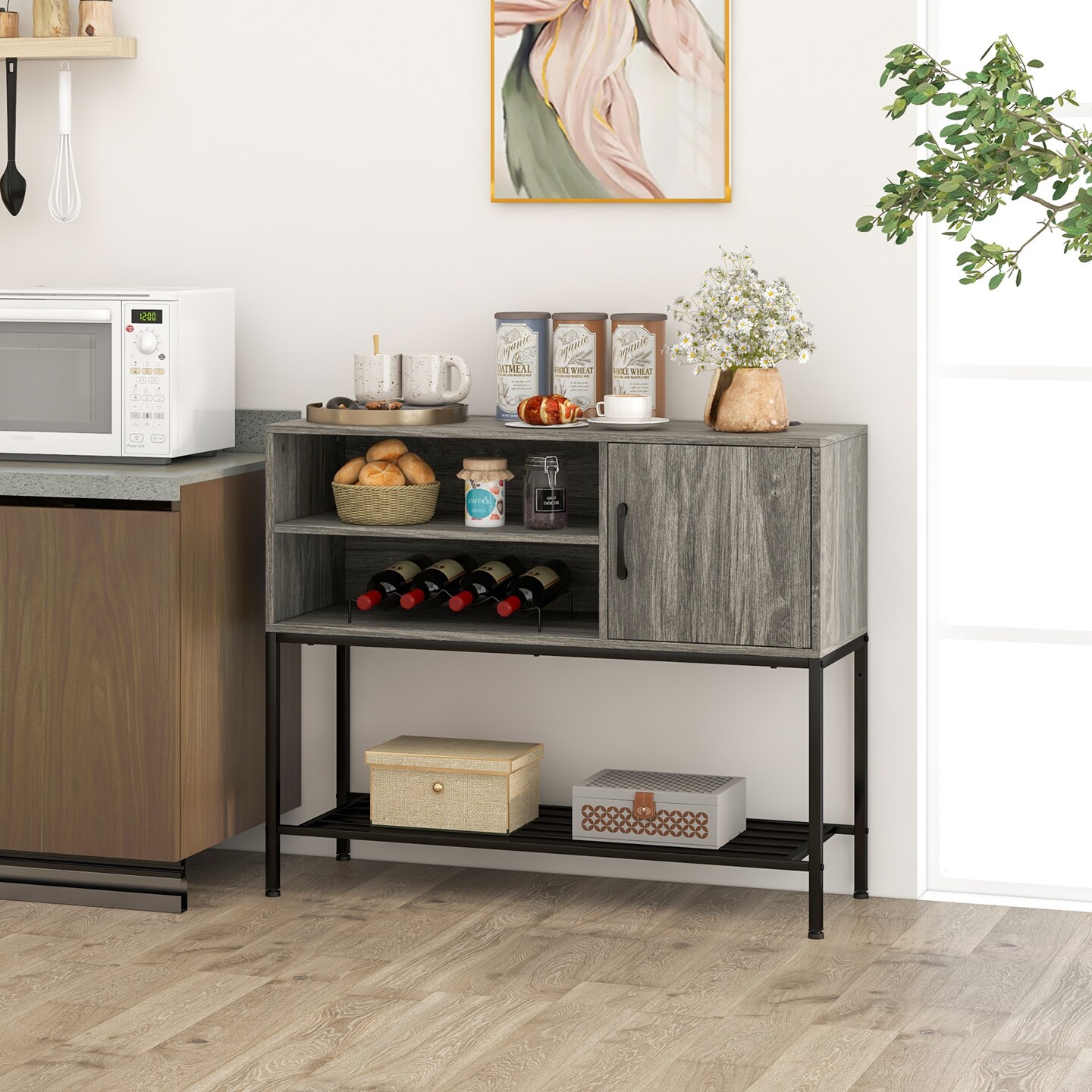 Buffet Sideboard Coffee Bar Cabinet with Power Outlets and USB Ports-Grey