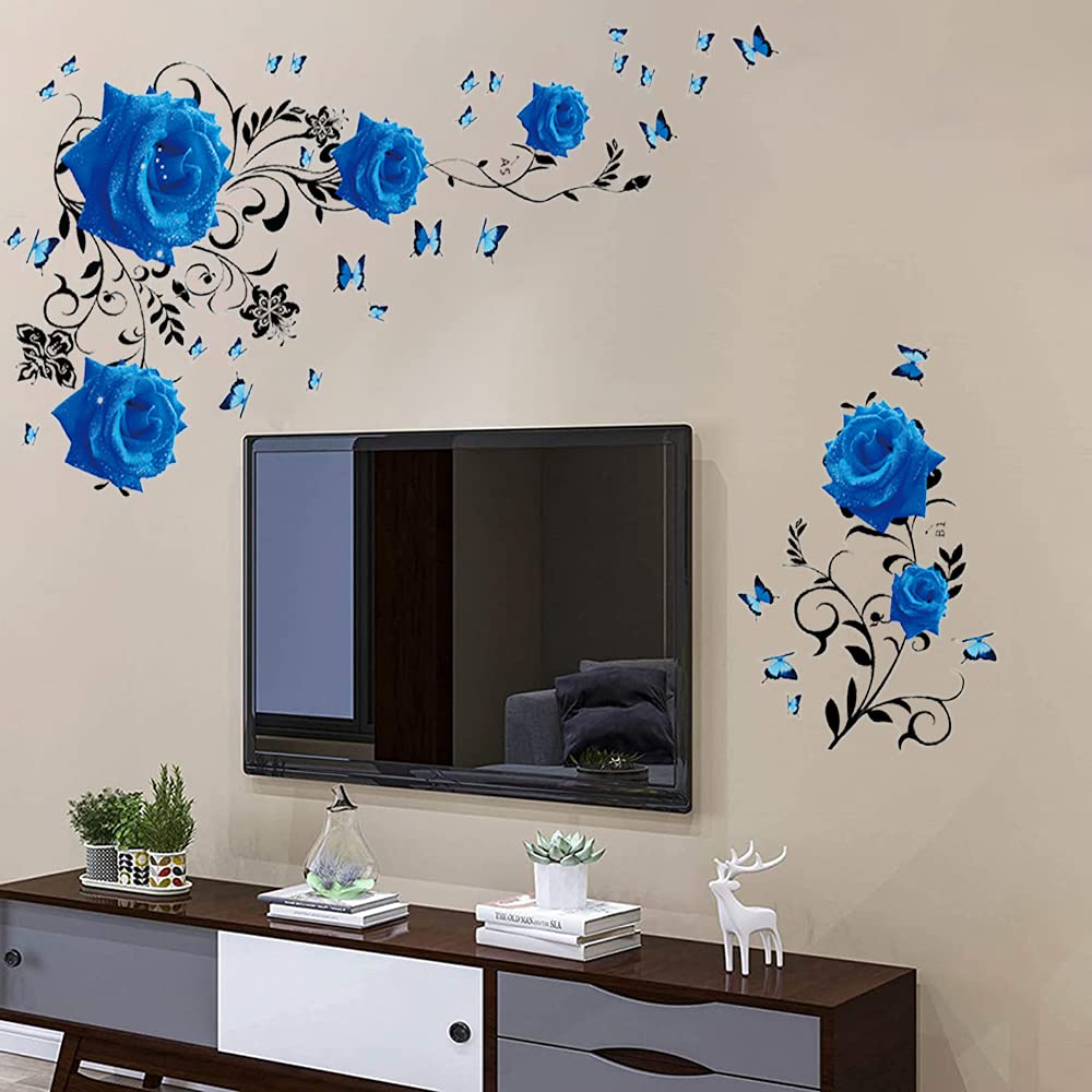 Supzone Blue Rose Wall Stickers Rose Flower Vine Wall Decal Blue Peony Floral Wall Decor DIY Vinyl Mural Art for Bedroom Living Room Sofa Backdrop TV Wall Decoration