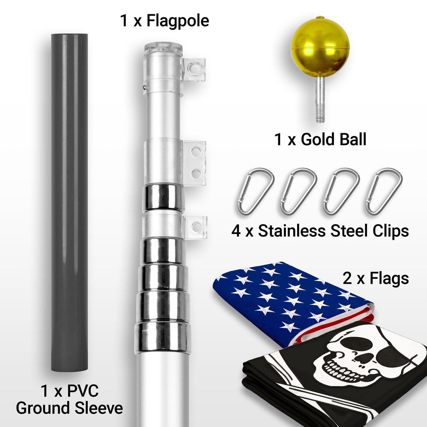 G128 Combo Pack: 20 Ft Telescoping Aluminum Flagpole (Silver) &#x26; American and Pirate Jolly Roger Bones Flags 3x5 Ft, Both ToughWeave Series Embroidered Polyester | Pole with Flags Included