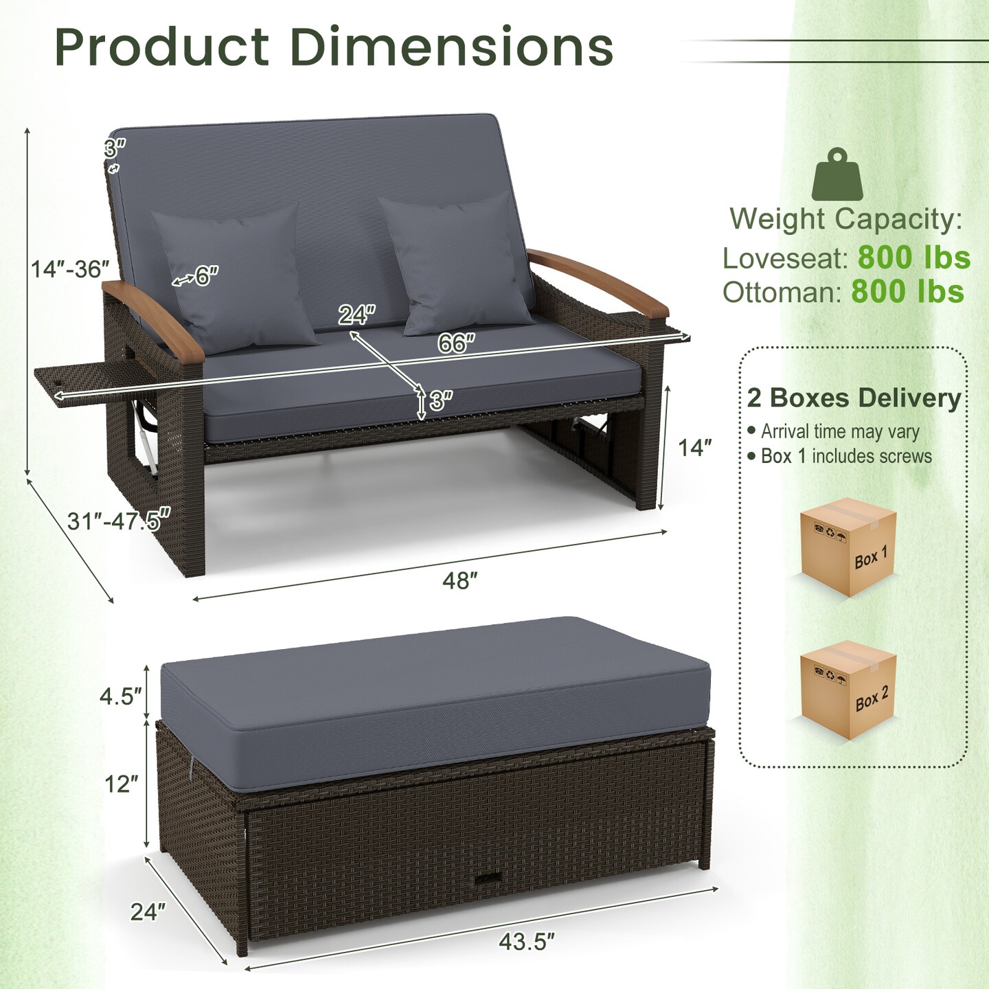 Convertible Patio Rattan Loveseat Daybed Set with Storage Ottoman