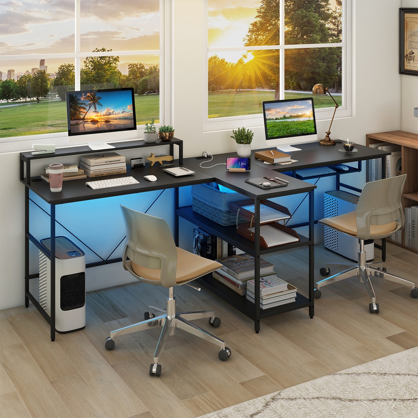 2-Person Reversible Computer Desk Long Office Desk with LED Lights