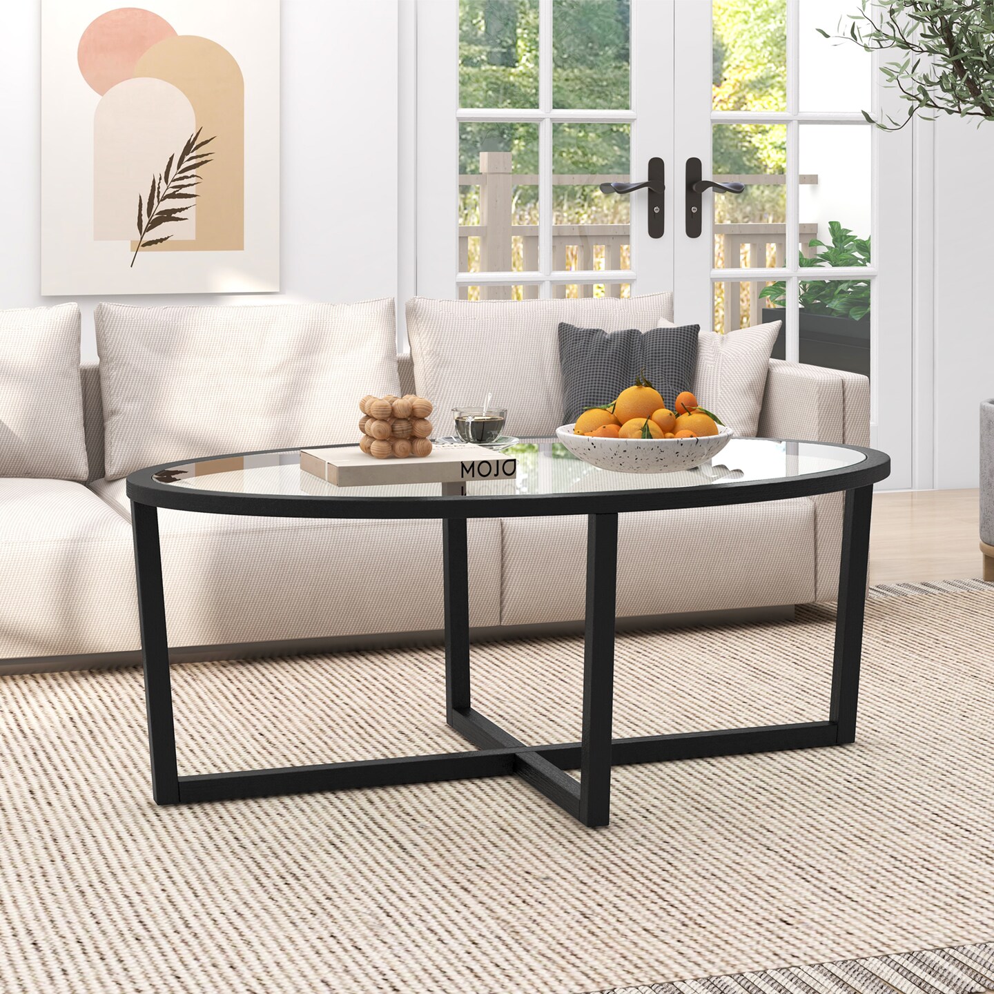 Glass Coffee Table Oval Living Room Table with Cross Base and Acacia Wood Legs - 46.5&#x22; x 28&#x22; x 18.5&#x22; (L x W x H)