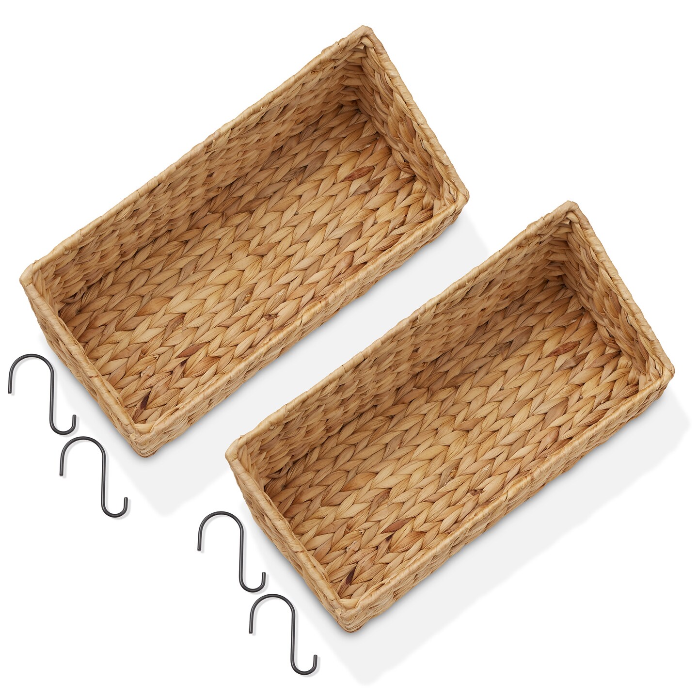 Casafield Set of 2 Hanging Baskets with Hooks, Water Hyacinth Woven Wall Mounted Storage Bins for Kitchen, Bathroom, Laundry Room, Home Office