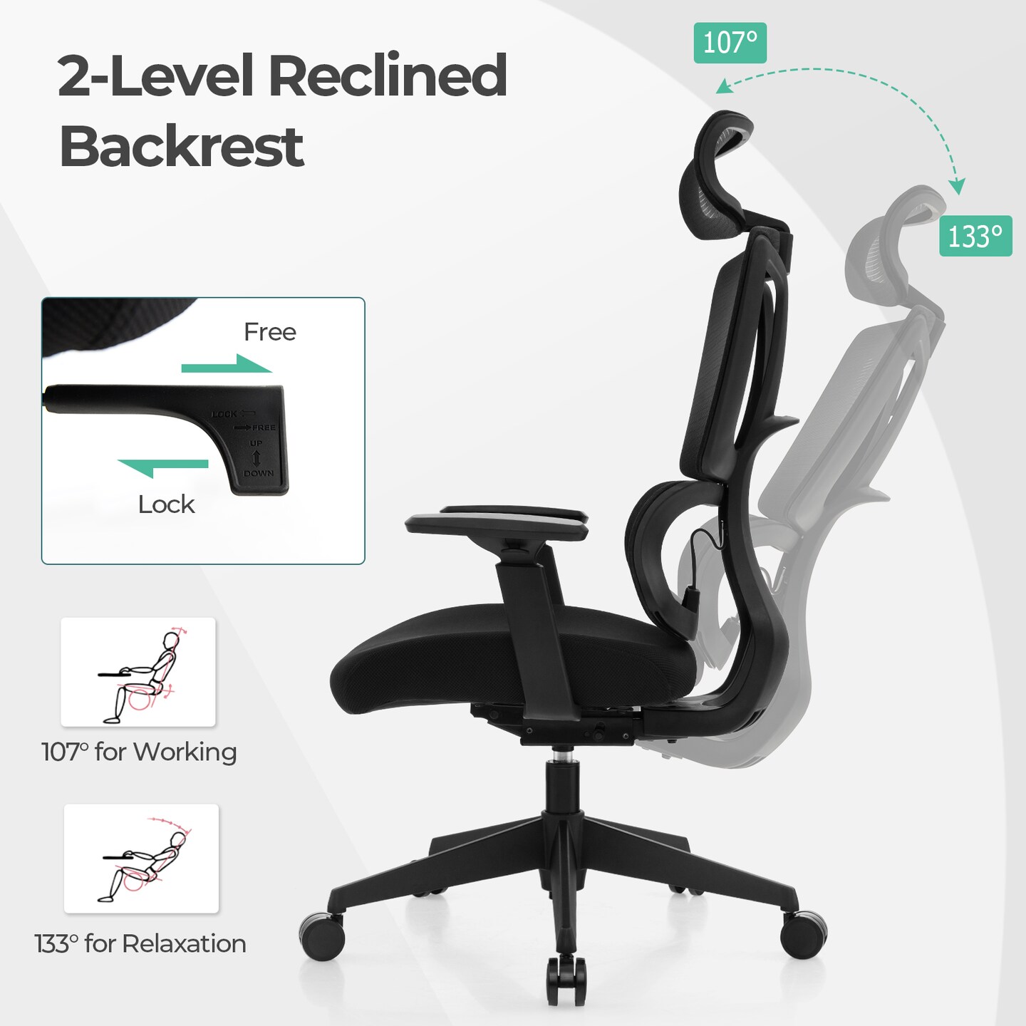Ergonomic Office Chair with N Type Lumbar Support and Adjustable Headrest-Black