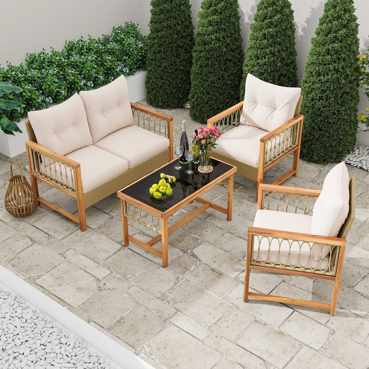 4 Pieces Outdoor Patio PE Wicker Conversation Bistro Set with Acacia Wood Frame-Brown