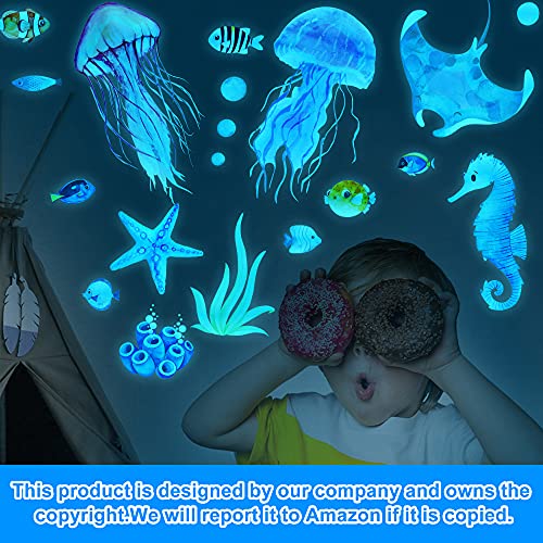 Glow in The Dark Ocean Fish Wall Stickers, Under The Sea Wall Stickers Vinyl Sea Life Wall Decals Removable Waterproof Peel and Stick for Boys Kids Bedroom Bathroom Creatures