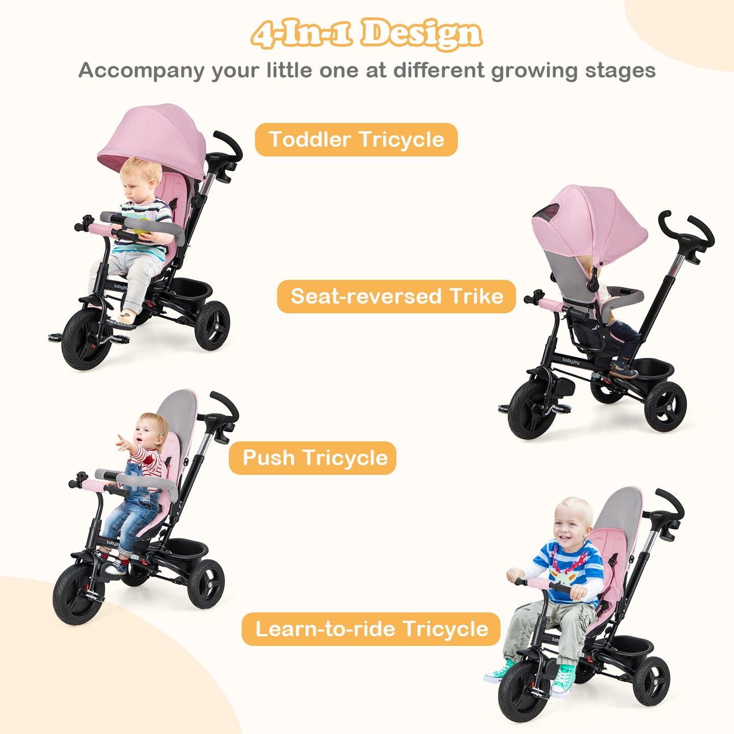 4-in-1 Baby Tricycle Toddler Trike with Reversible Seat and 5-Point Safety Harness