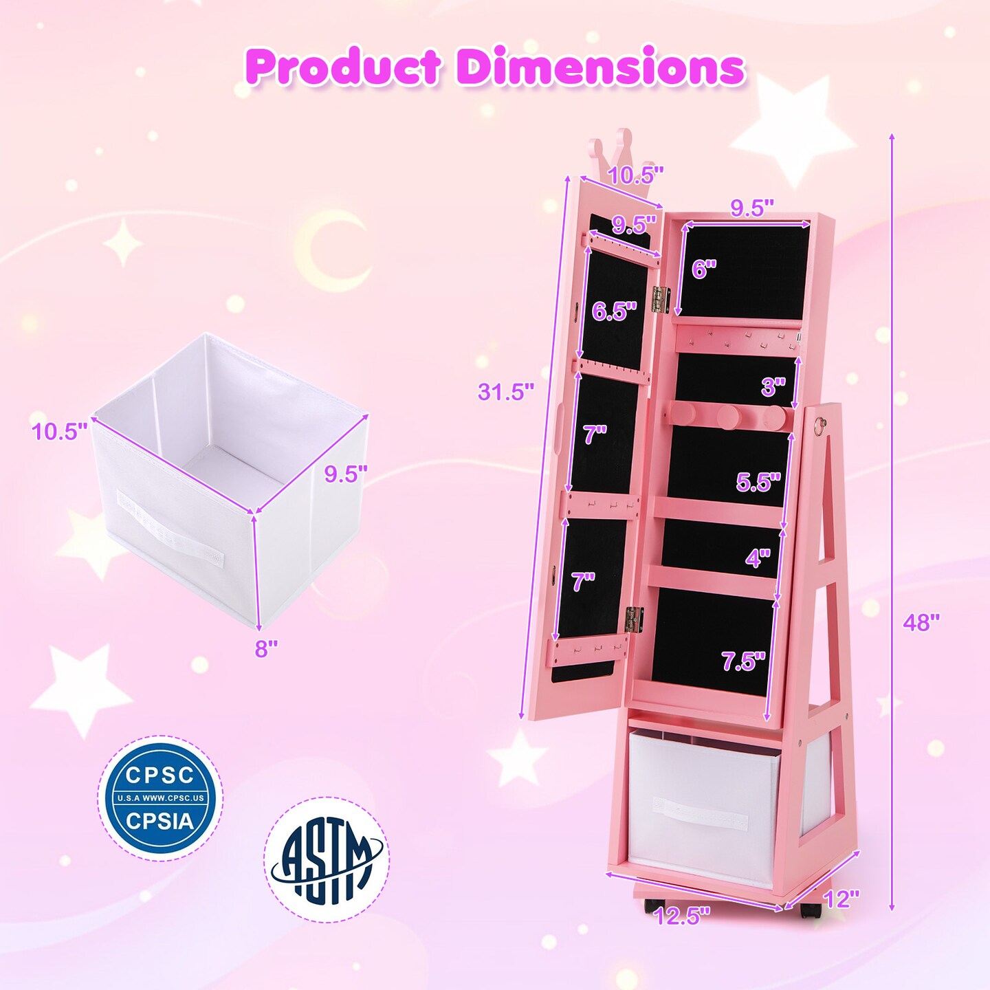 Kids Jewelry Armoire Cabinet with Swivel Base and Lockable Universal Wheels
