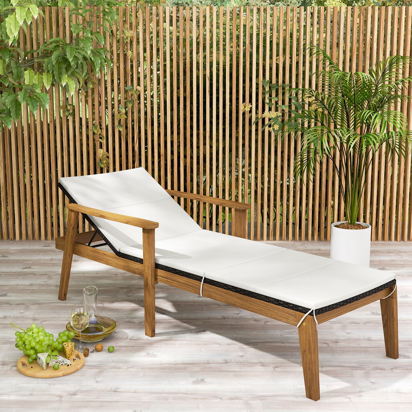 Outdoor Chaise Lounge Acacia Wood PE Rattan Adjustable Recliner Patio Lounger Beige Cushion