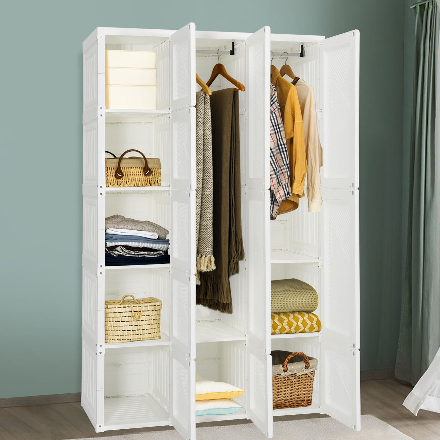 White ABS Foldable Armoire Wardrobe Closet with 2 Retractable Rods and 10 Cubes
