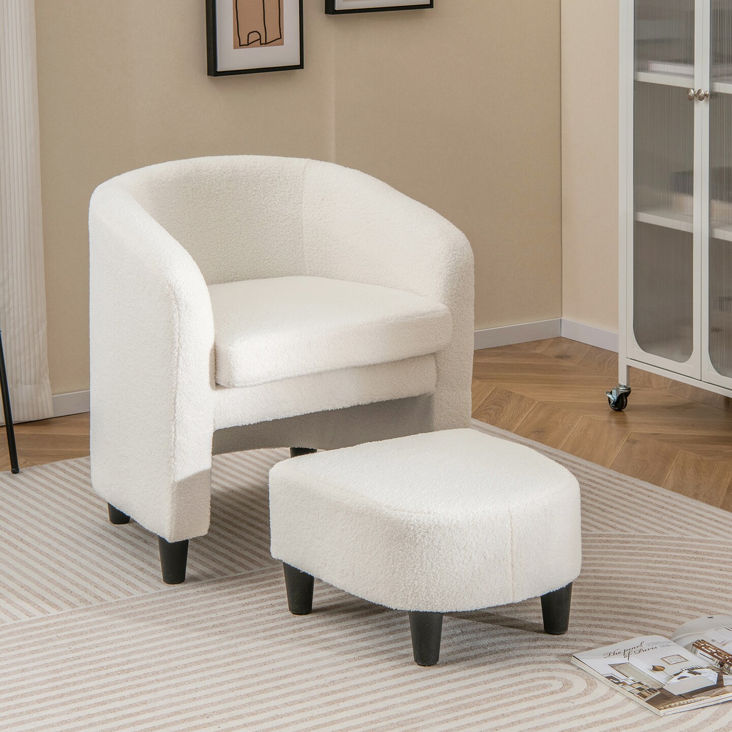 Modern Upholstered Barrel Teddy Velvet Chair with Ottoman - 25.5 x 25 x 28 (L x W x H)