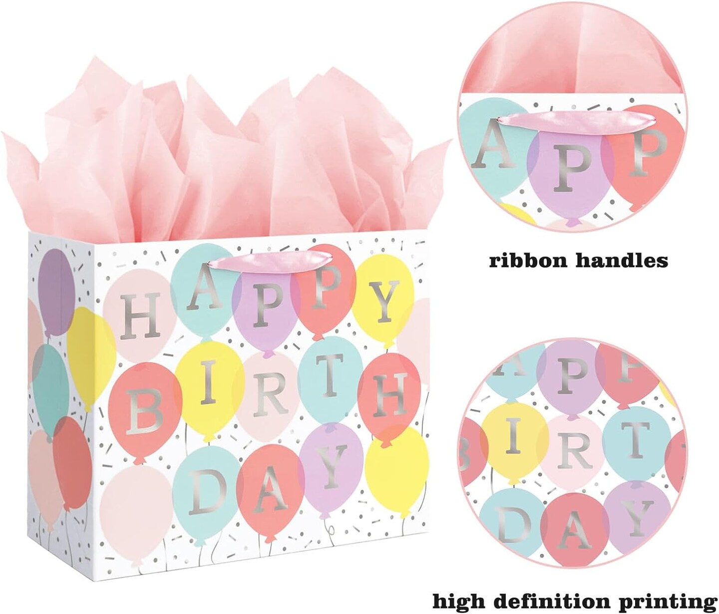 13&#x22; Large Happy Birthday Gift Bag with Tissue Paper and Card for Girls Kids Women Birthday (Colourful Balloon)