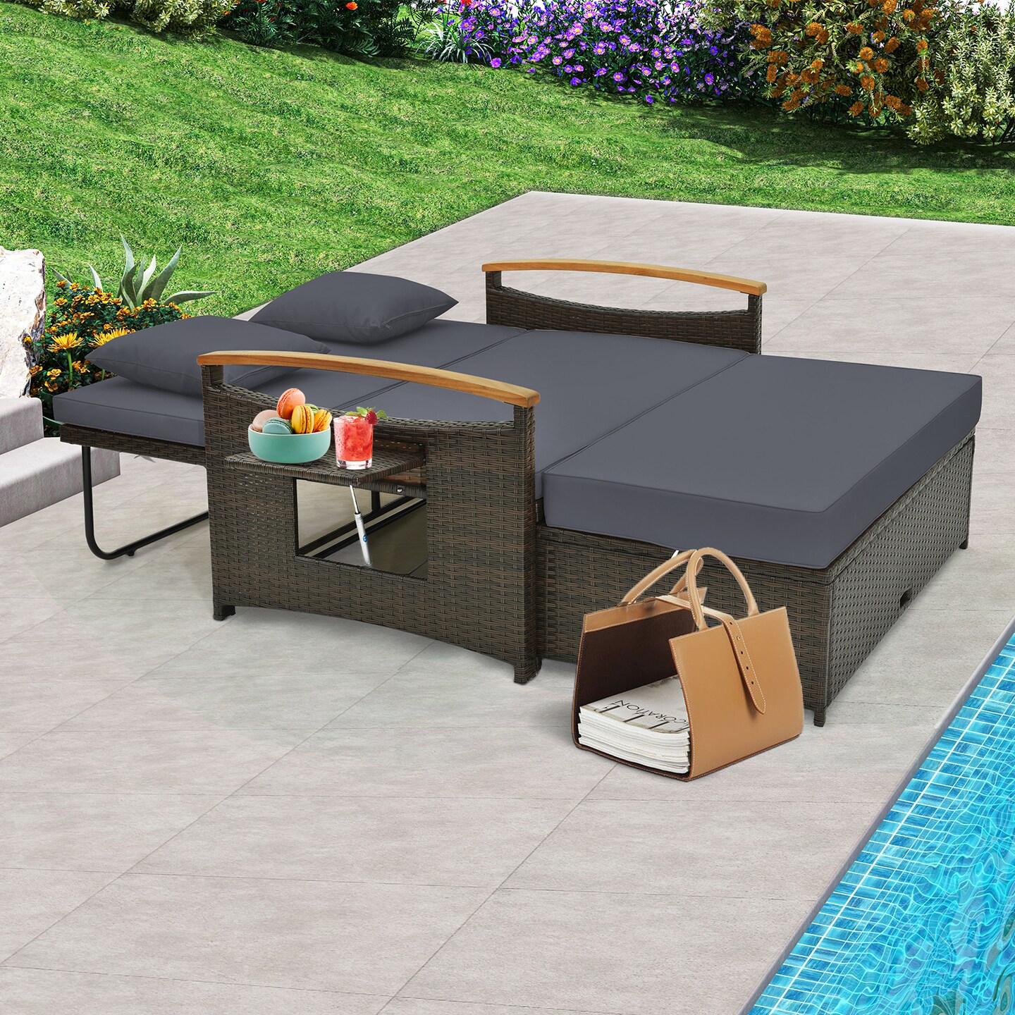 Convertible Patio Rattan Loveseat Daybed Set with Storage Ottoman