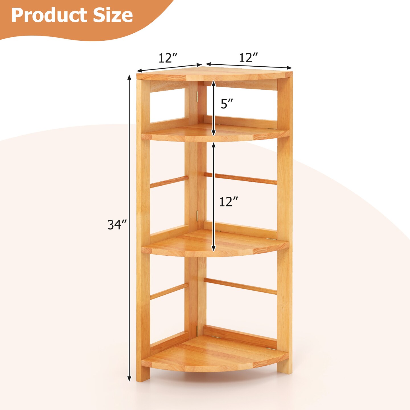 4-Tier Corner Shelf with Rubber Wood Frame and Anti-Toppling Kit - 12&#x22; x 12&#x22; x 34&#x22; (L x W x H)