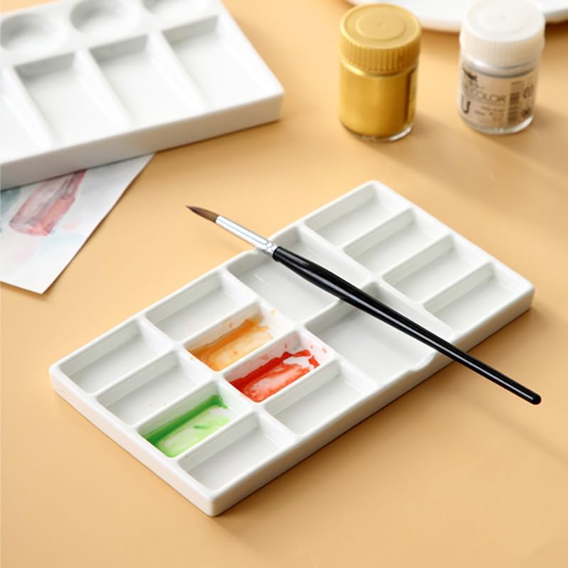 Ceramic Paint Palette - 14 Wells Artist Paint Tray - 8 Inch Porcelain Mixing Palette for Watercolors and Acrylics