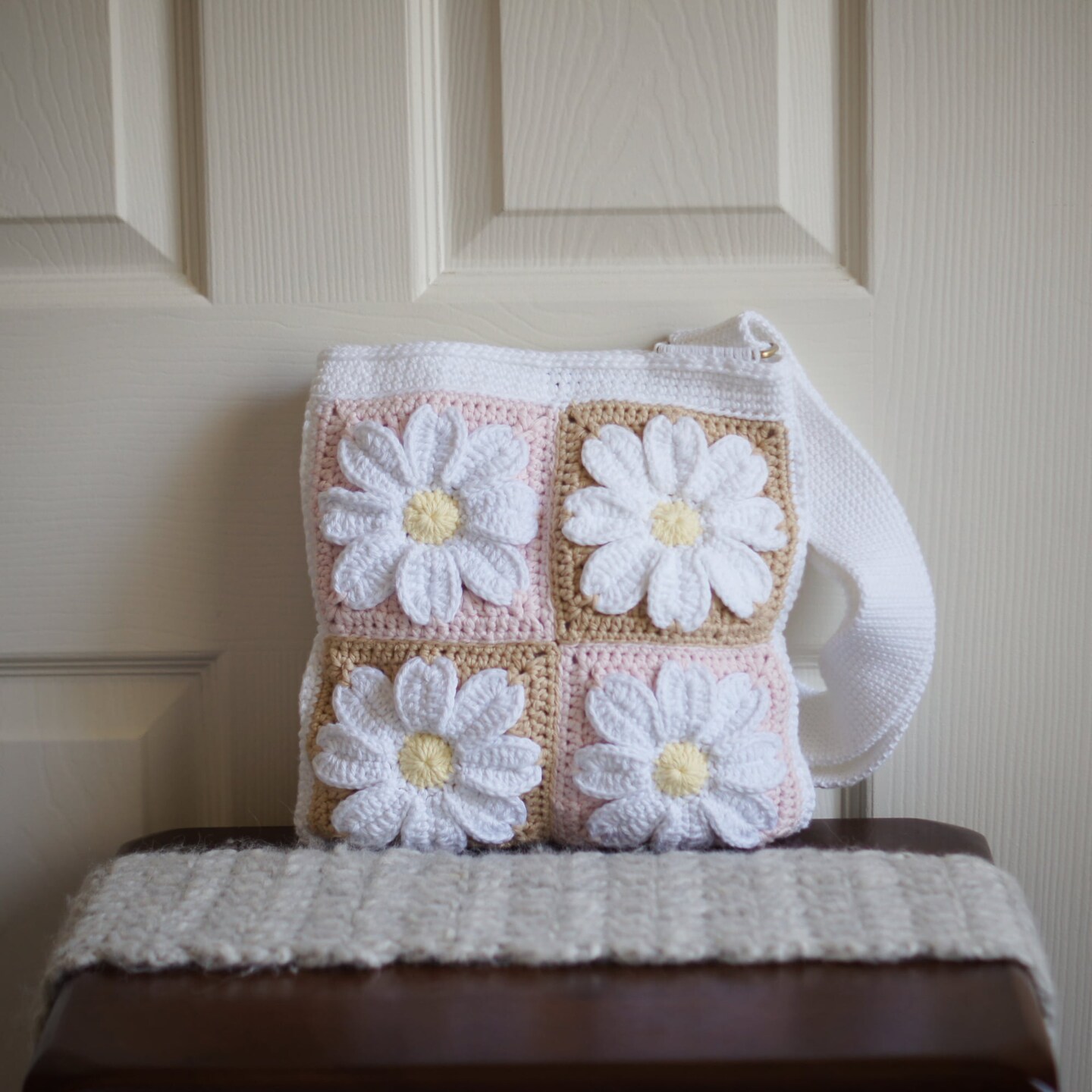 Crochet Daisy Tote Bag - Handmade Floral Granny Square Purse with