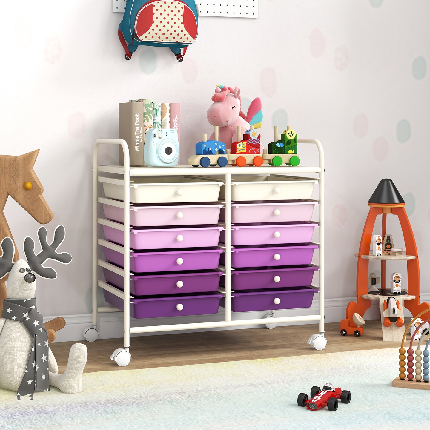 12 Removable Drawers Rolling Storage Cart with 4 Universal Wheels and Metal Frame