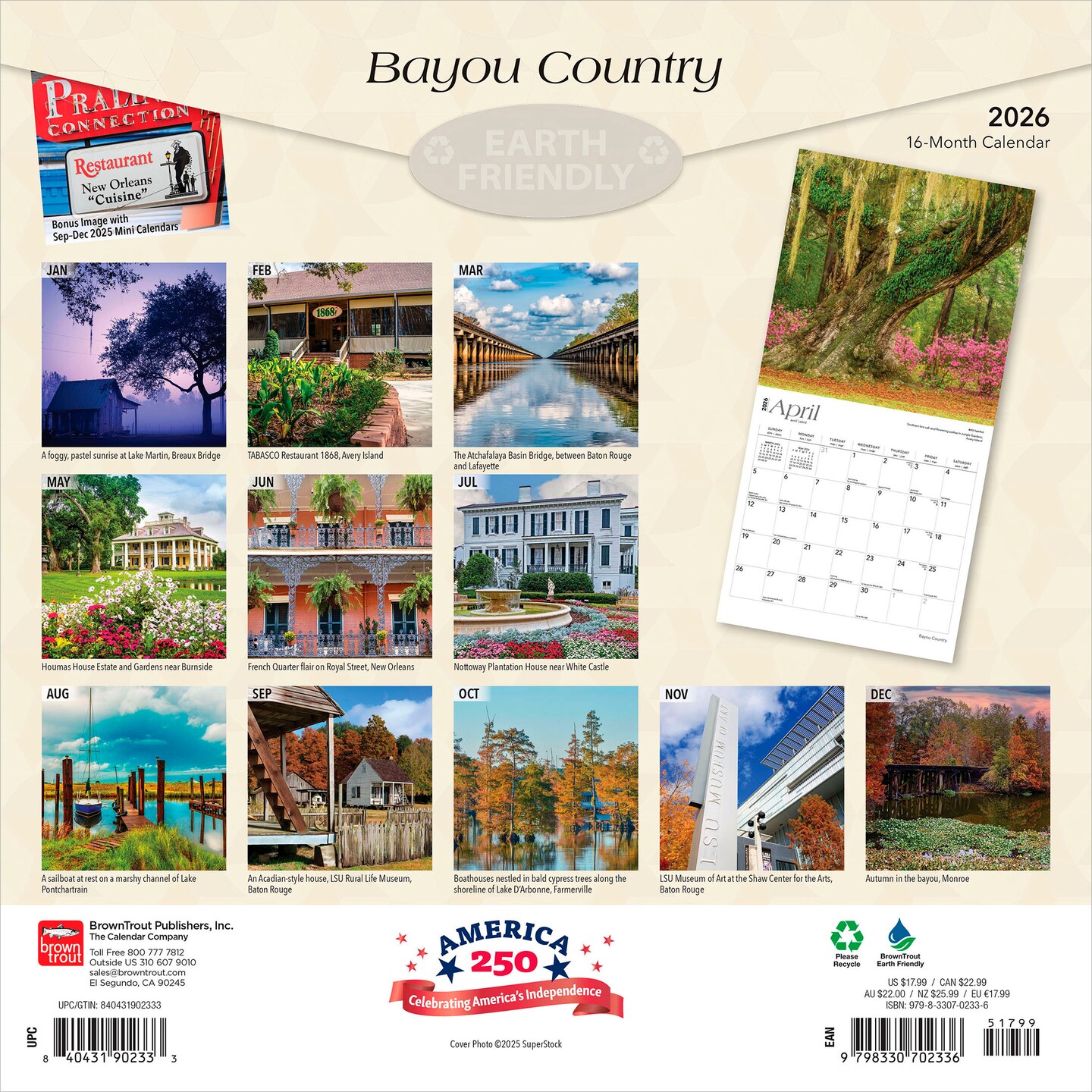 Bayou Country | Louisiana Places | 2026 12 x 24 Inch (Hanging) Monthly Square Wall Calendar | Plastic-Free