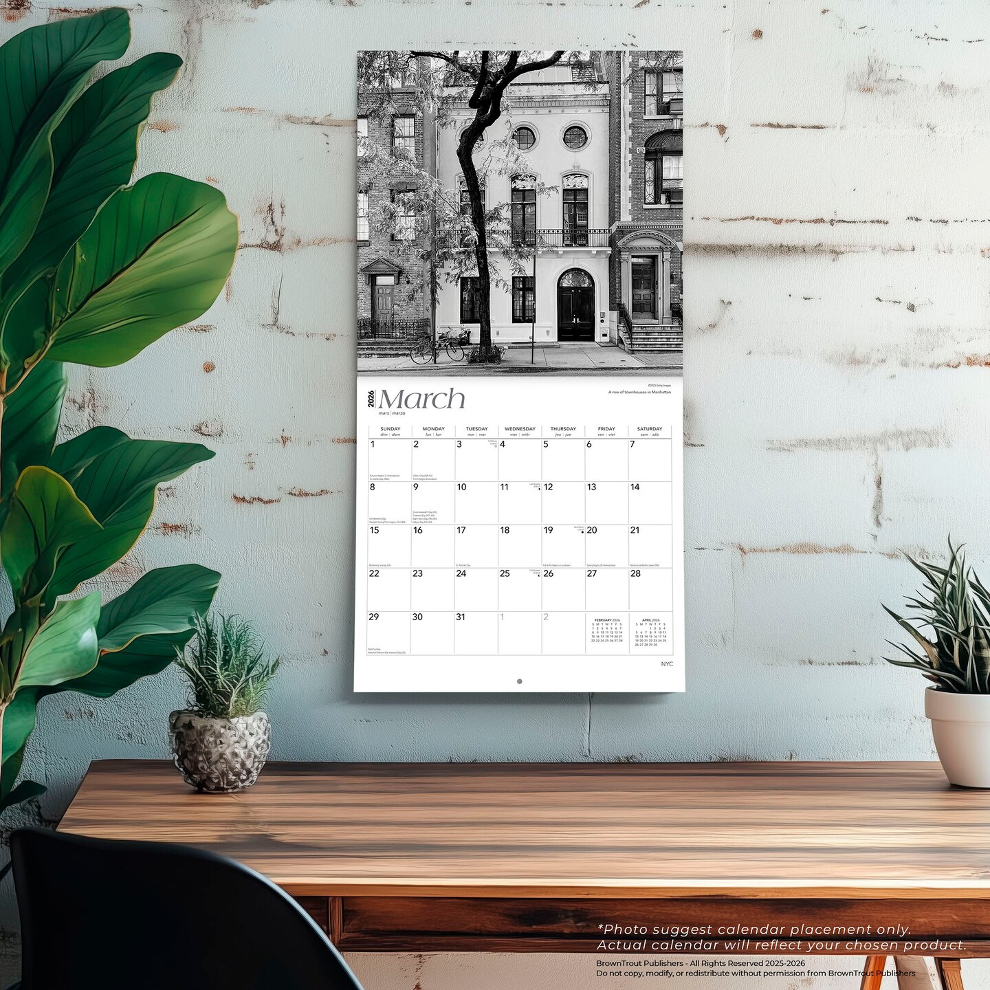 New York City Black & White | 2026 12 x 24 Inch (Hanging) Monthly Square Wall Calendar | Plastic-Free