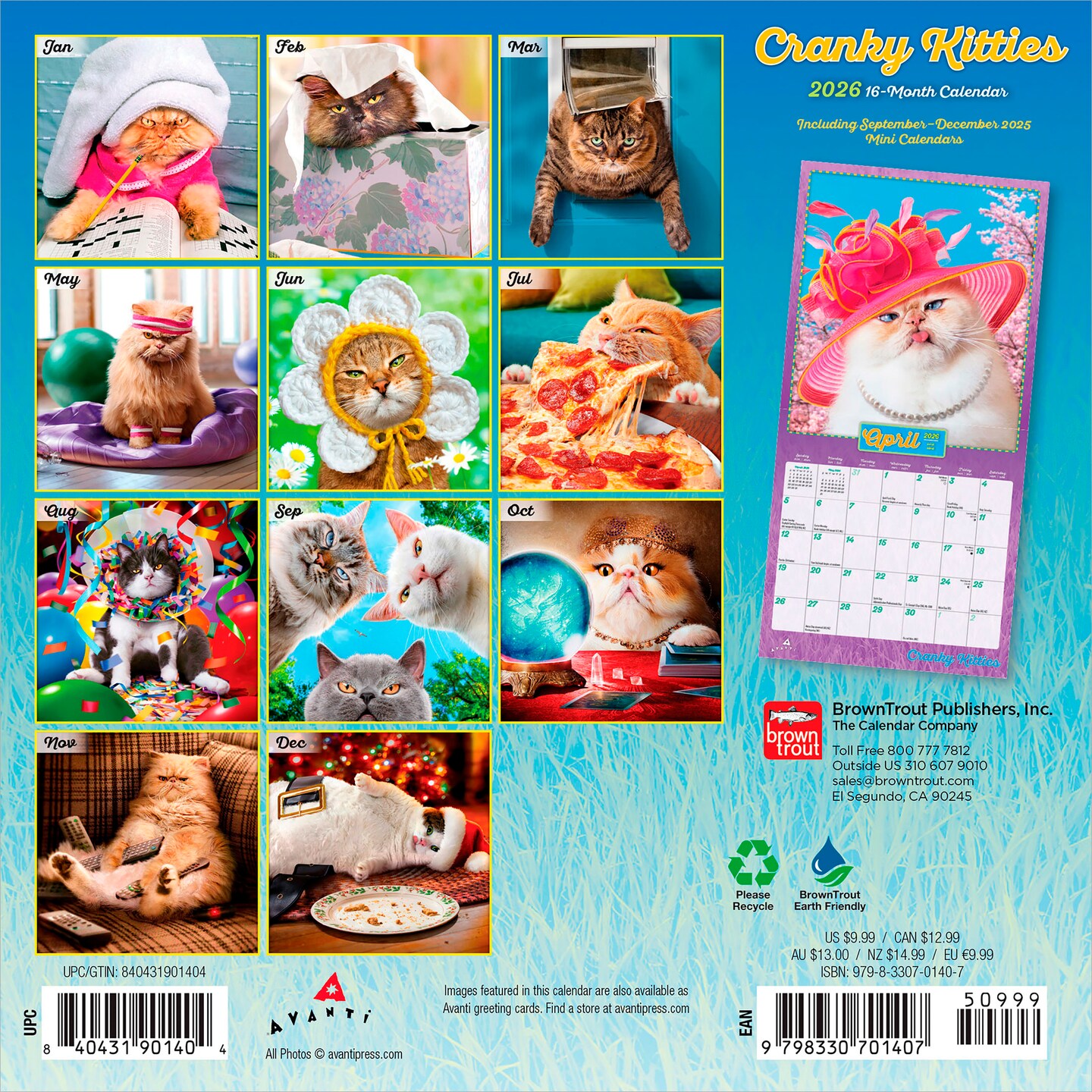 Avanti Cranky Kitties OFFICIAL | 2026 7 x 14 Inch (Hanging) Monthly Mini Wall Calendar