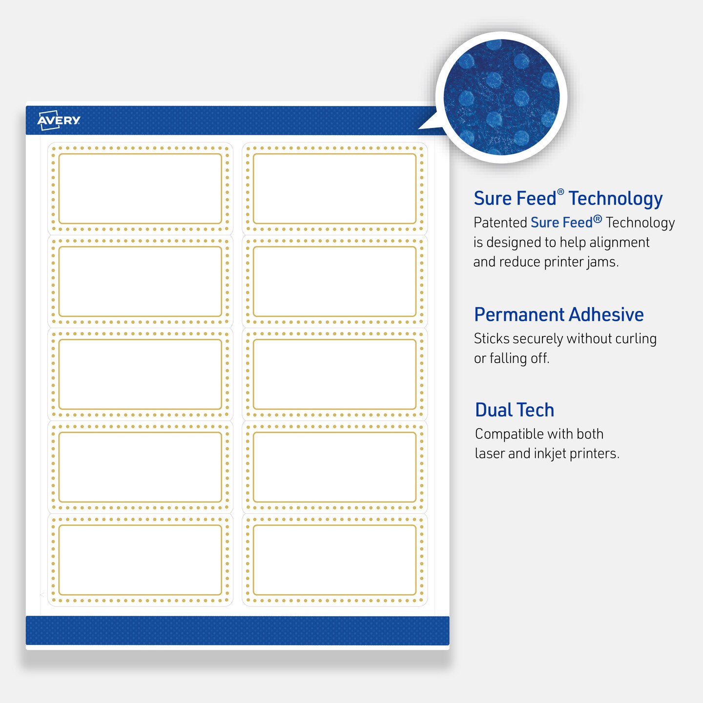 Avery Printable Rectangle Labels, Gold Border with Gold Dots, 2&#x22; x 4&#x22;, Matte White Rectangle Labels, Permanent, Laser/Inkjet, 100ct, Great for Product Labels