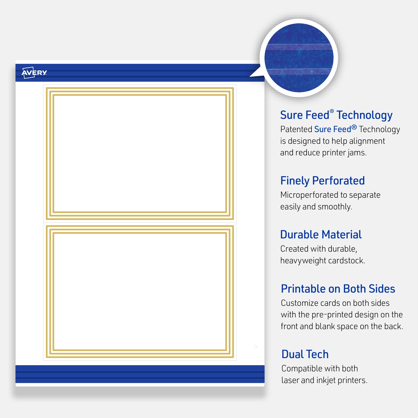 Avery Printable Rectangle Invitation Cards, Gold Multi-Lined Border, 5&#x22; x 7&#x22;, Matte White Rectangle Invitation Cards, Laser/Inkjet, 20ct, Great for Invitation Cards