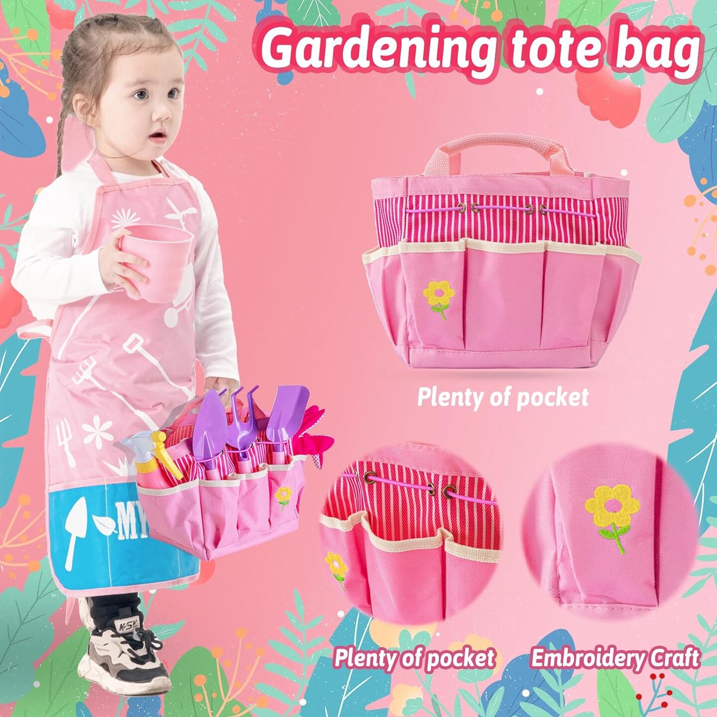 Kids Pink Gardening Tools Set, Garden Toys w/Metal Rake, Shovel, Trowel, Watering Can, Gloves, Tote Bag, Plant pots, DIY Bookmark Kits, Spring Summer Toy Outdoor Gift for Toddler Boy Girl
