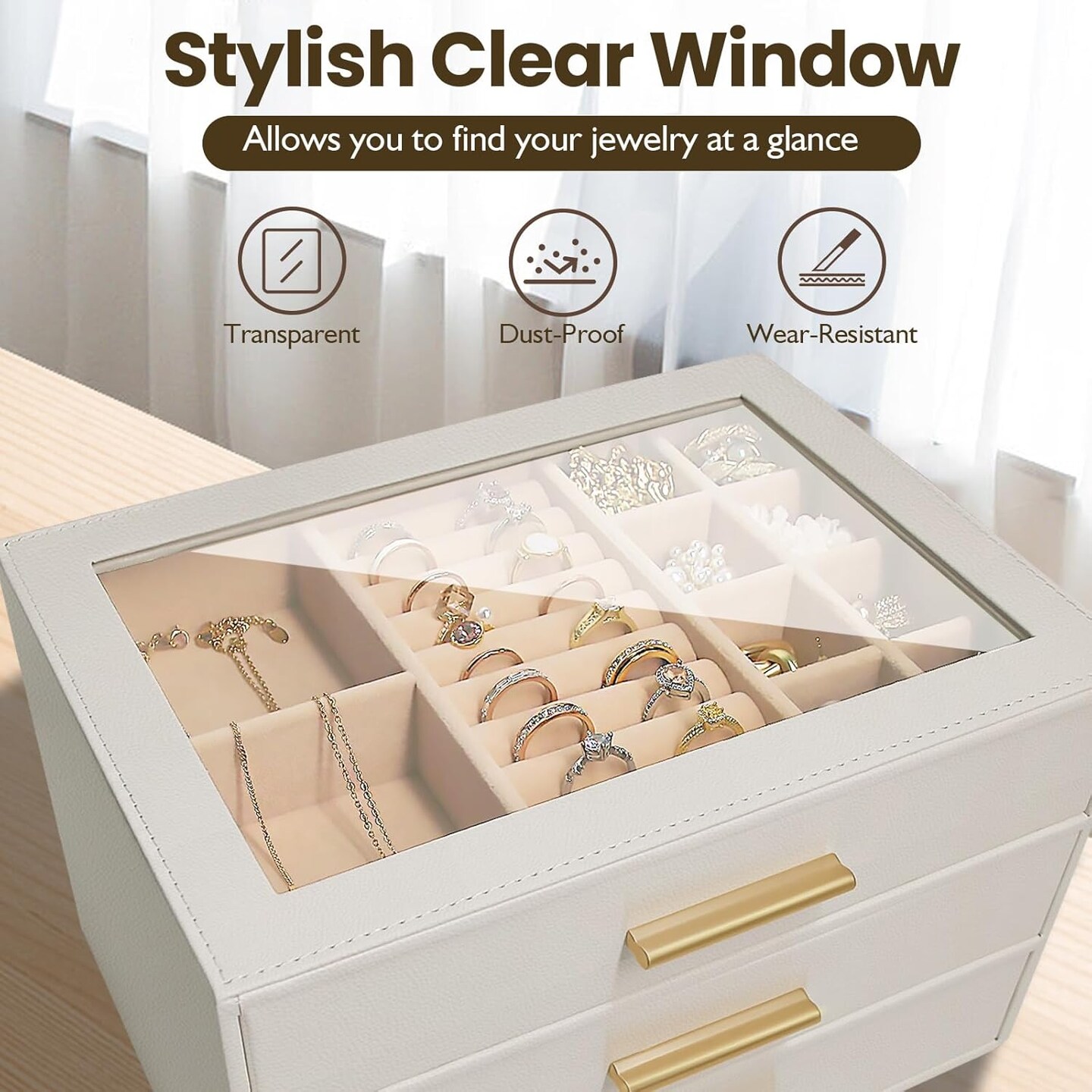 Jewelry Box for Women, Glass Lid Leather Jewelry Organizers and Storage with 3 Drawers, Large Capacity for Necklaces, Earrings, Rings, Bracelets, Modern Style (White)