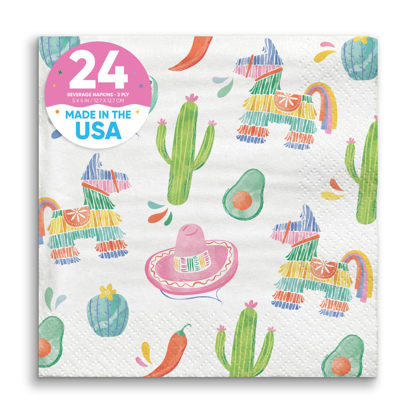 Big Dot of Happiness Fiesta Napkins, Mexican Themed White 3-Ply Paper Beverage Cocktail Napkins, Pinatas Sombreros Cactus Avocados Peppers - 24 Ct