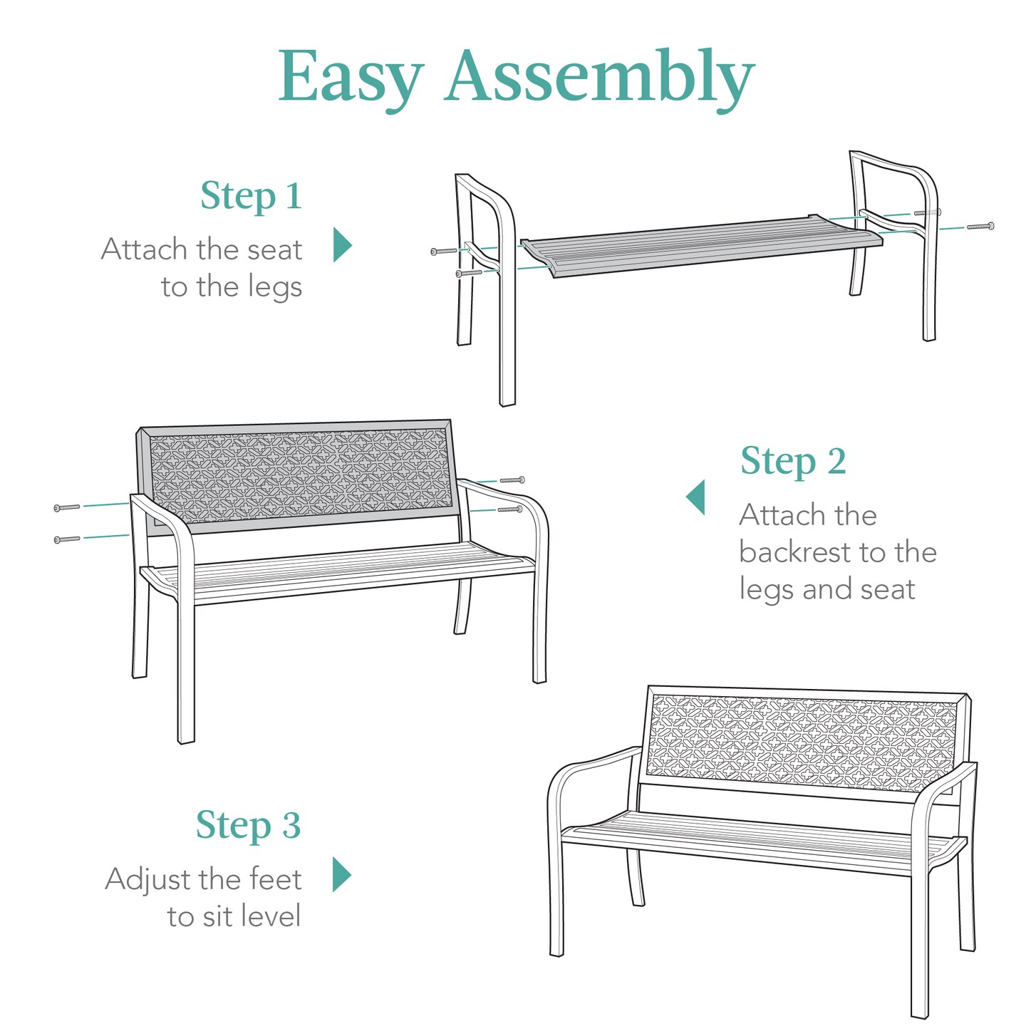 Best Choice Products Indoor Outdoor Steel Garden Bench w/ Geometric Backrest, Foot Levelers