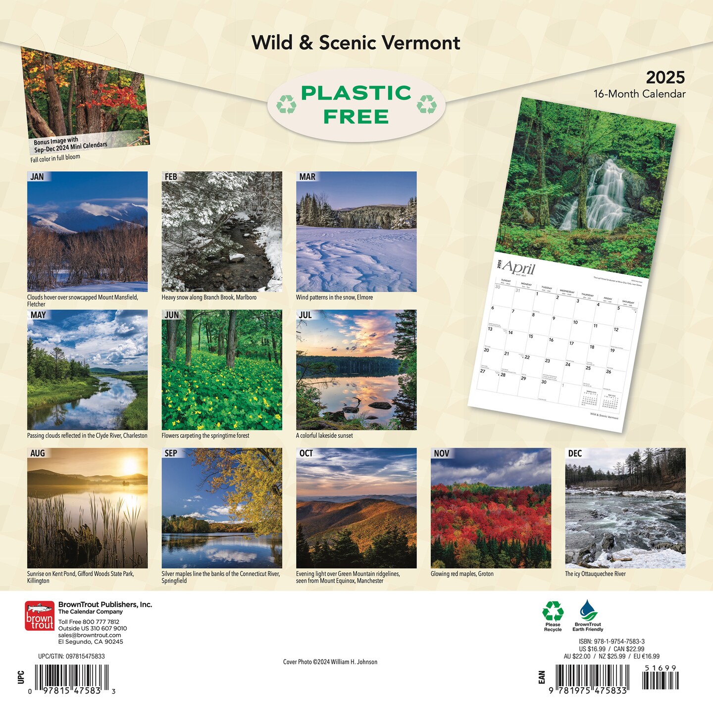 Vermont Wild &#x26; Scenic | 2025 12 x 24 Inch Monthly Square Wall Calendar | Plastic-Free | BrownTrout | USA United States of America Northeast State Nature