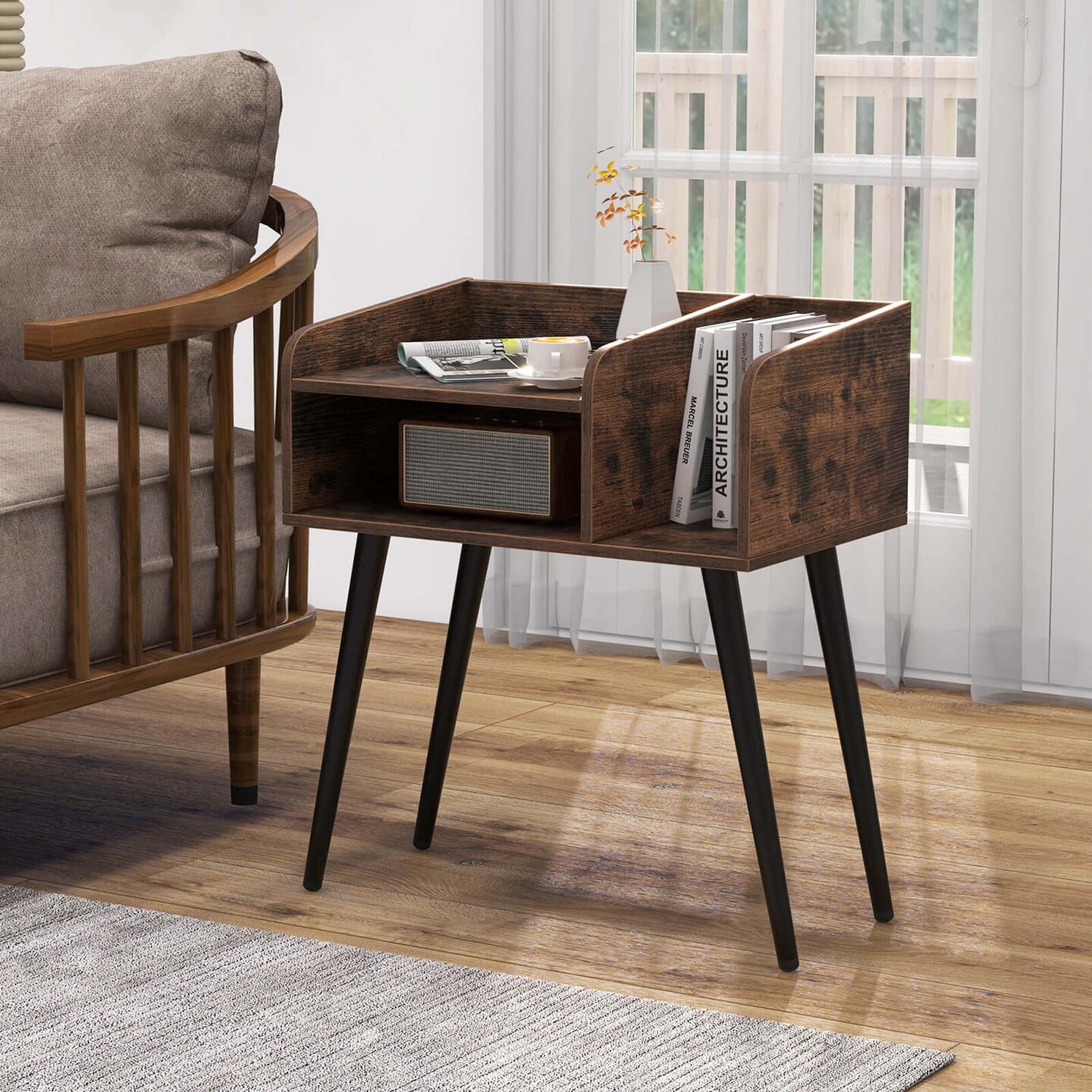 Costway Mid Century Modern End Table with Open Shelves Metal Support Legs for Bedroom White/Black/Coffee