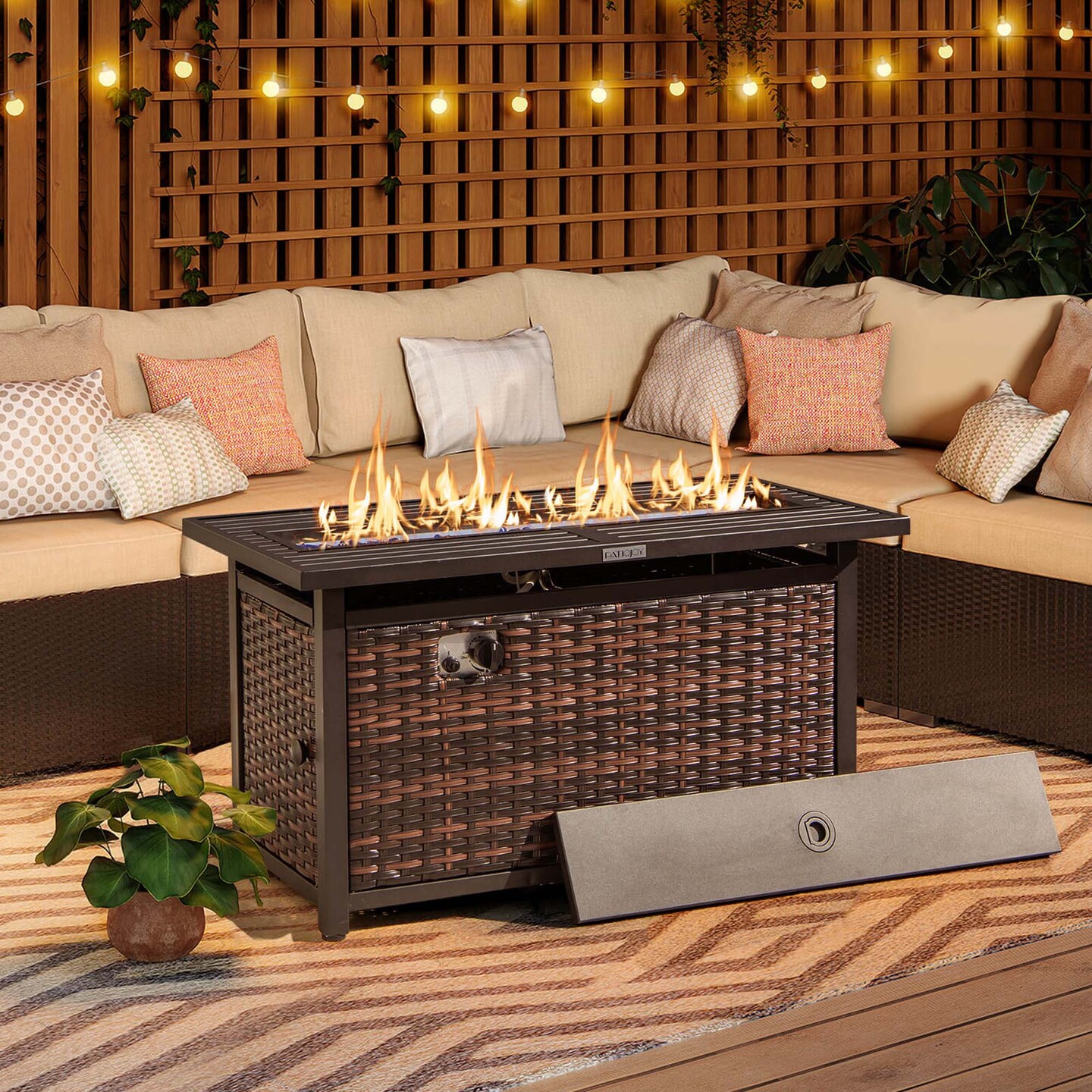 Costway 45&#x22; Propane Rattan Firepit Table with Glass Stones &#x26; Protective Cover Metal Frame