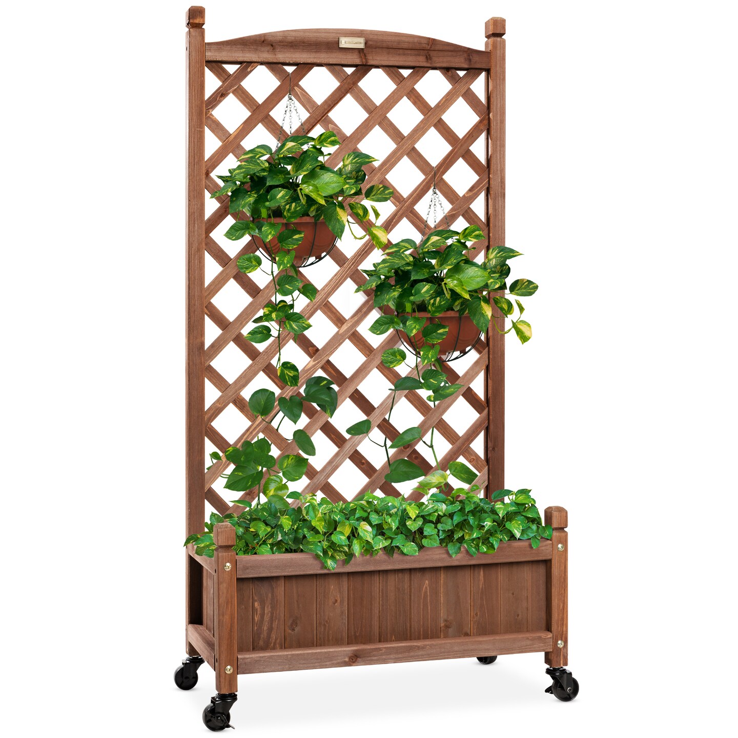 Best Choice Products 48in Mobile Wood Planter Box &#x26; Diamond Lattice Trellis, w/ Drainage Holes, Optional Wheels - Walnut