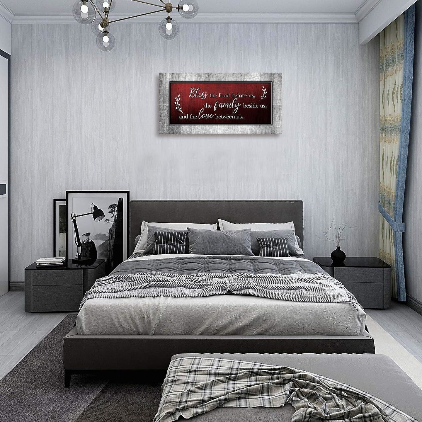 Motivational Quotes Christian Wall Art Red and Grey Canvas Prints Bless The Food Quote Wall Pictures Framed Artwork for Home Living Room Dining Room Kitchen Decor