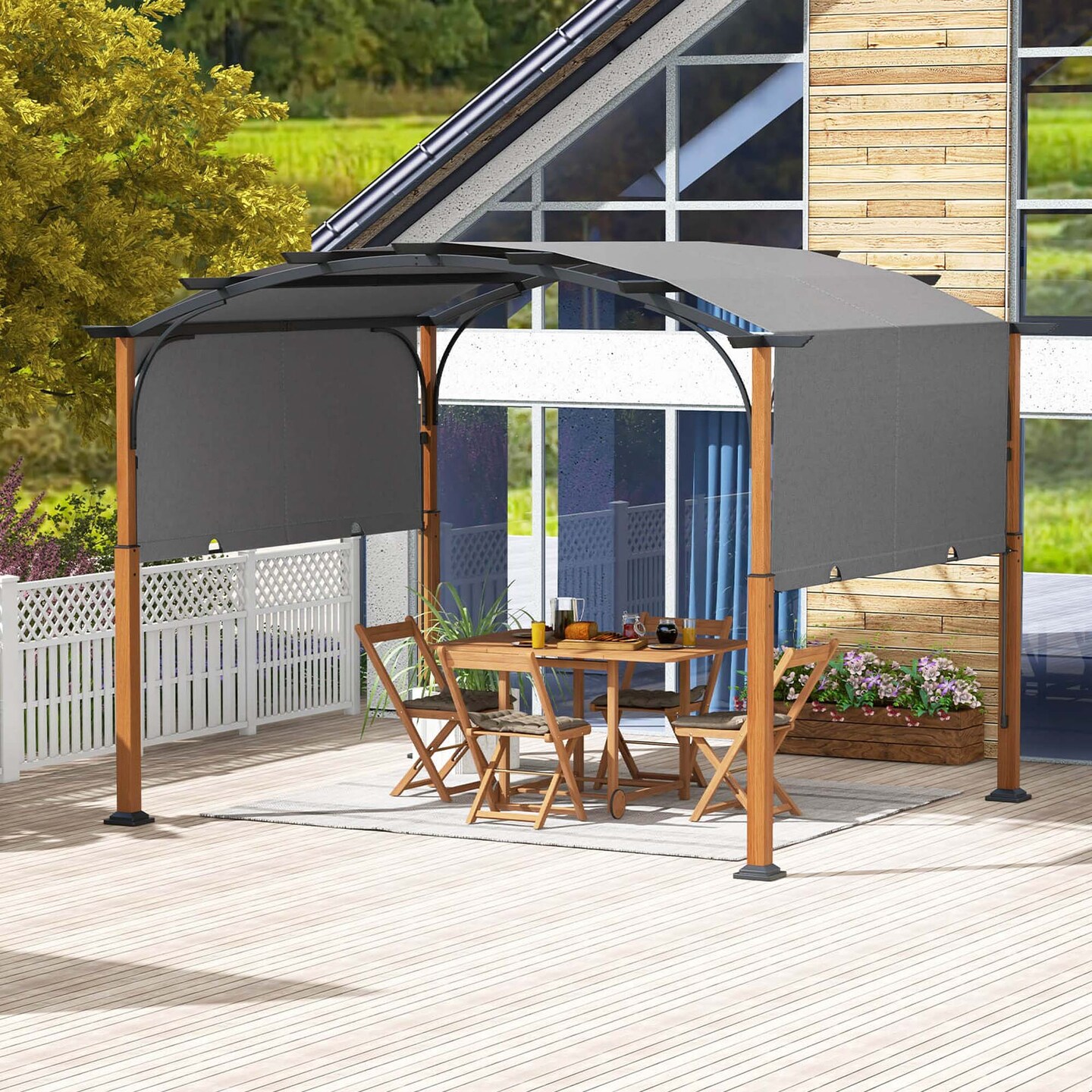 Costway 10 x 12 FT Outdoor Retractable Pergola with Retractable Canopy Wood Looking Posts Beige/Gray
