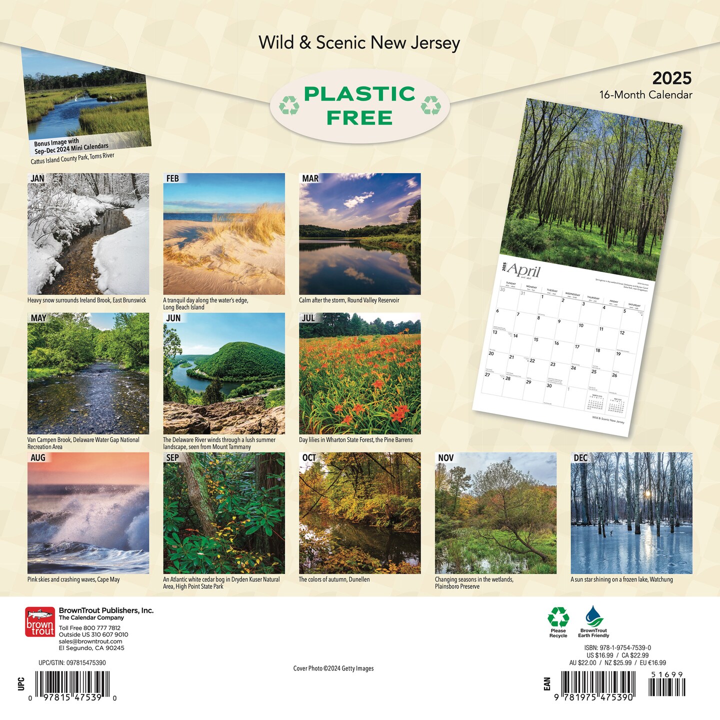 New Jersey Wild &#x26; Scenic | 2025 12 x 24 Inch Monthly Square Wall Calendar | Plastic-Free | BrownTrout | USA United States of America Northeast State Nature