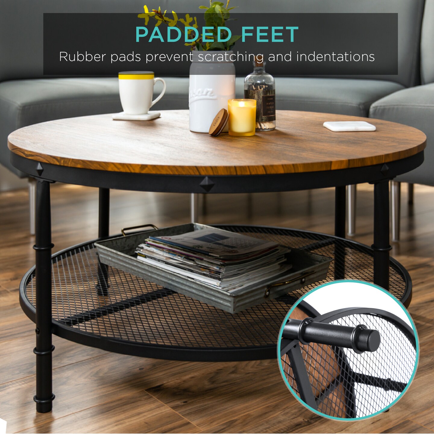 Best Choice Products 2-Tier Round Coffee Table, Rustic Accent Table w/ Wooden Tabletop, Padded Feet, Open Shelf