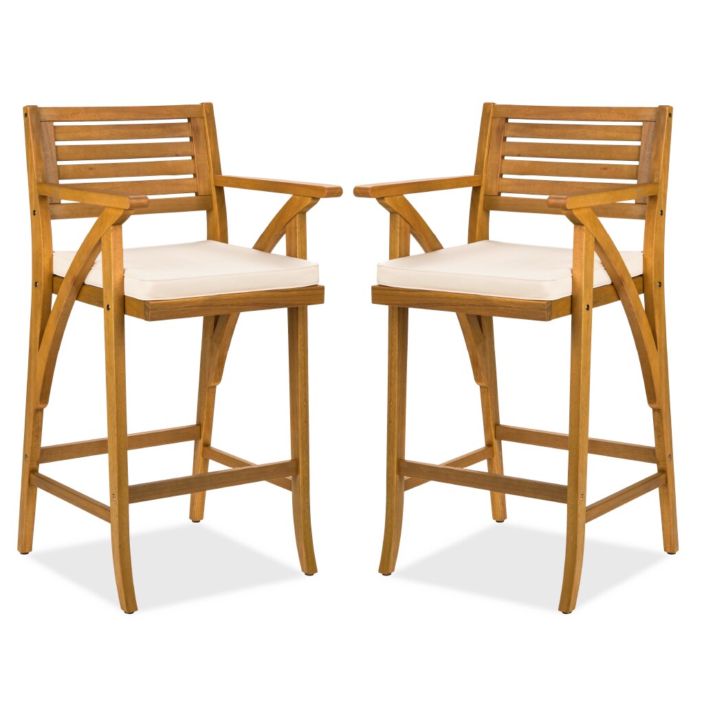 Best Choice Products Set of 2 Outdoor Acacia Wood Bar Stools Bar Chairs w/ Weather-Resistant Cushions