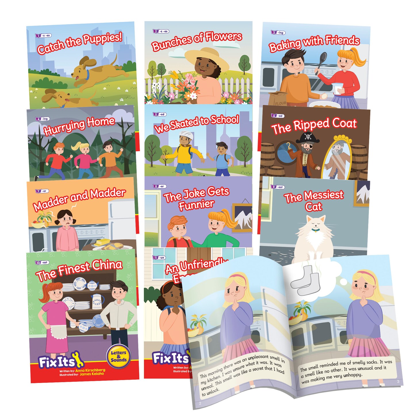 Junior Learning Decodable Readers Fix Its Suffixes Fiction Phase 6, Covers most common suffixes and prefix -un, Learn to Read, Easy decodable texts,  with 12 books, For ages 6+, Grade 1