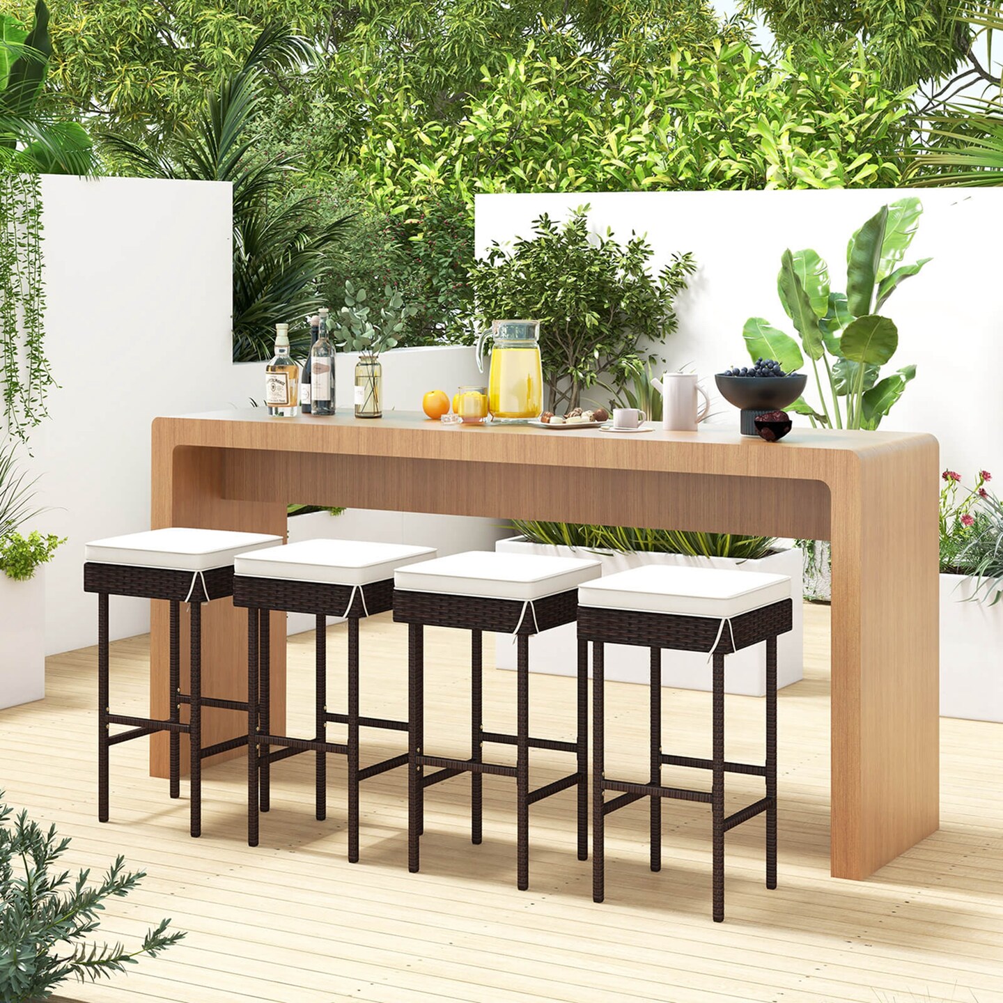 Costway Patio Rattan Barstools Set of 2/4 Outdoor Wicker Bar Height Chairs with Footrest