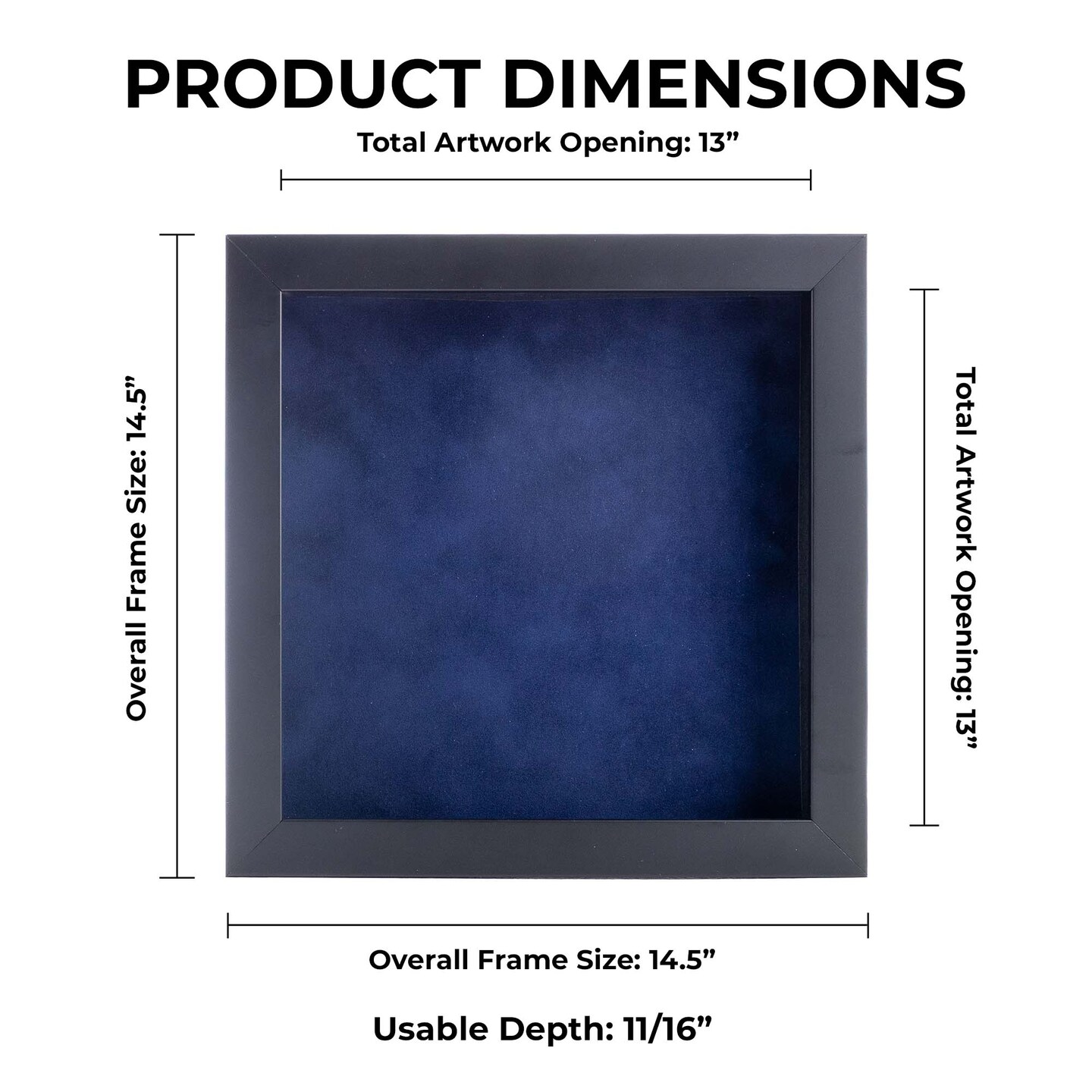 Classic Black Wood Shadown Box Frame with Acrylic Front - Navy Blue Suede Backing, 30 Sizes