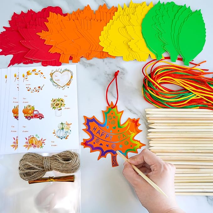 48 Sets, 12 Designs Colorful Magic Color Scratch Fall Leaves Ornament Decoration Autumn Scratch Art Leaves Fall Leaf Craft Kits for Kids Halloween Thanksgiving Classroom Activities: Party Favors