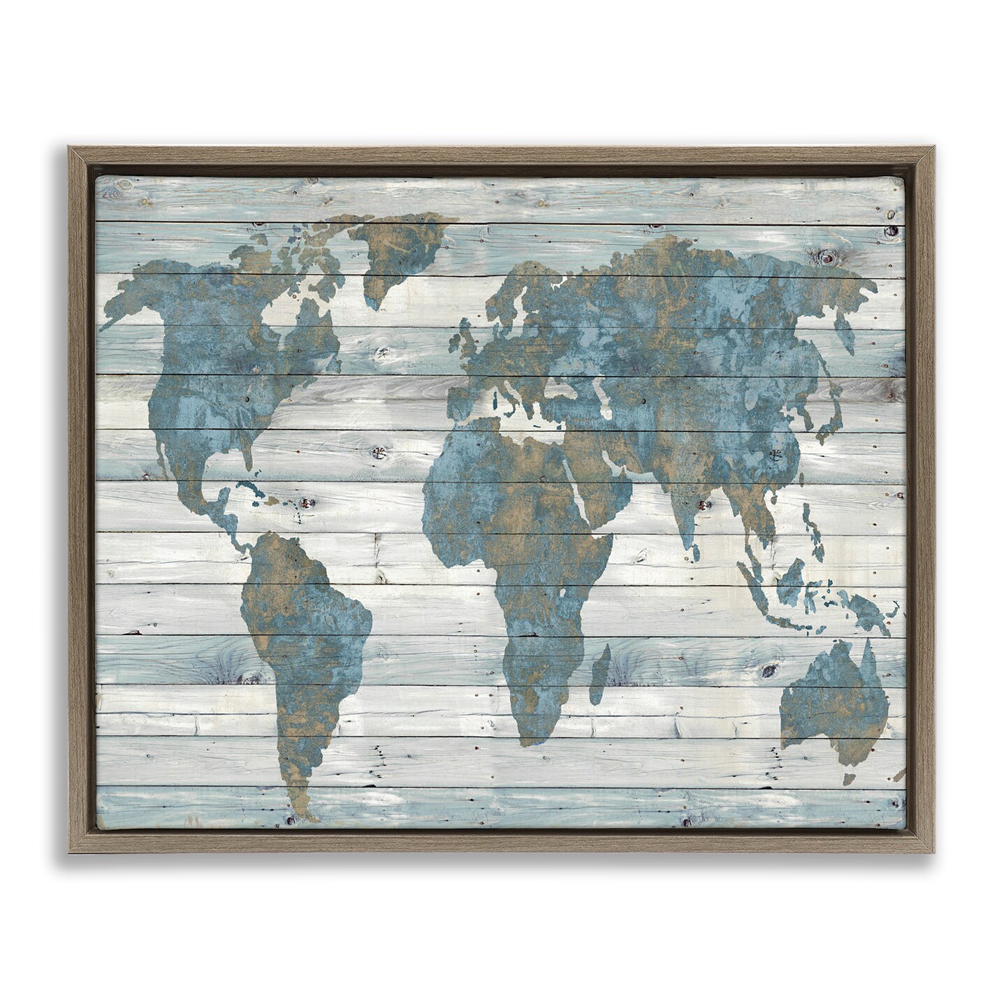 Stupell Industries Slate Blue &#x26; Tan World Map Framed Floater Canvas Wall Art