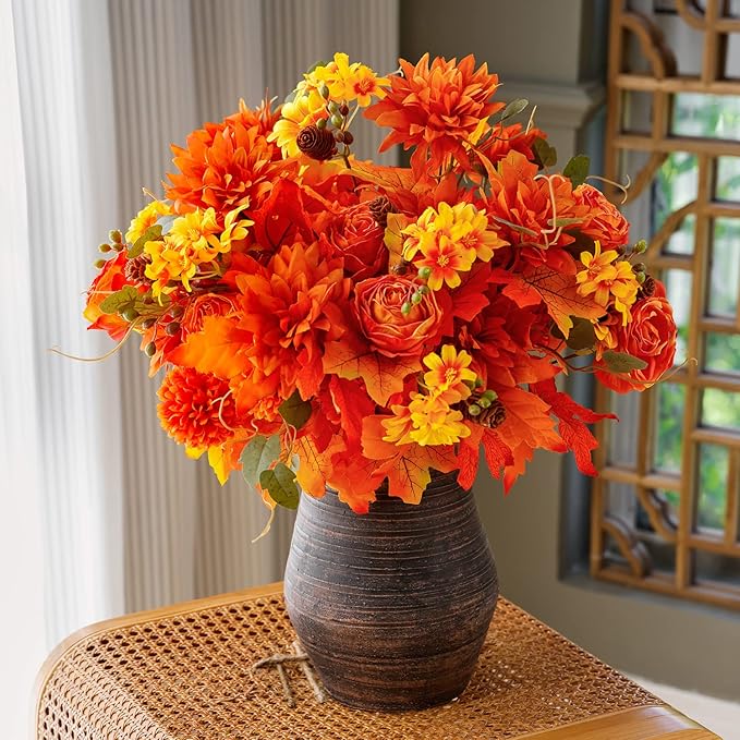 2 Pieces Fall Artificial Flowers, Fall Decor Silk Flowers Bouquet for Home Wedding Thanksgiving Decoration (Orange, 2).
