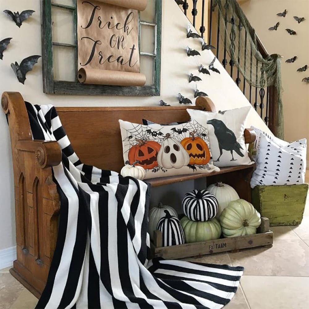 Halloween Pillow Cover 16X16 Inch Pumpkin Jack-O&#x27;-Lanterns Bat Web Decoration Holiday Farmhouse Pillow Case Decor for Home Sofa Couch AA306-16