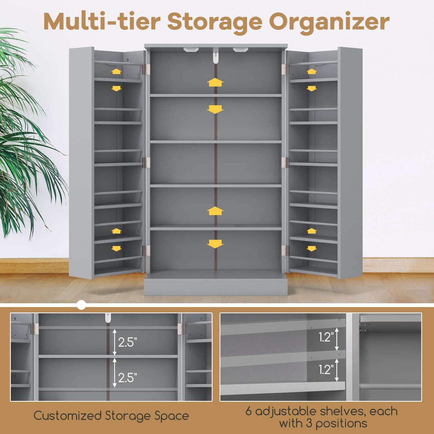 Costway 41&#x22; Farmhouse Kitchen Pantry Storage Cabinet withDoors Adjustable Shelves Grey/White